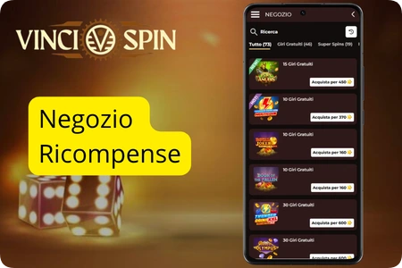 Negozio VinciSpin dove scambiare i frammenti con free spin e Fun Bonus per i giocatori in Italia