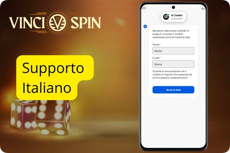Supporto clienti VinciSpin con Live Chat 24/7 ed email in lingua italiana