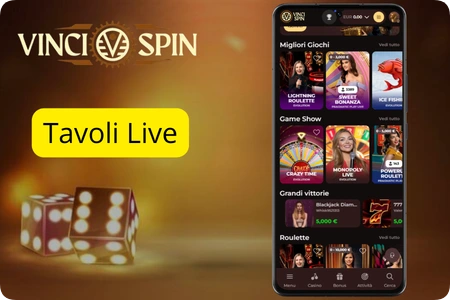 Tavoli live su VinciSpin con roulette, blackjack e Crazy Time condotti da croupier reali