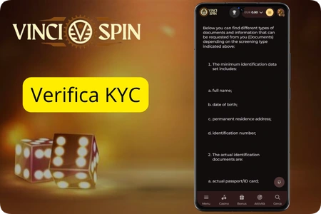 Verifica del conto KYC su VinciSpin casino con documenti d'identità per i giocatori in Italia